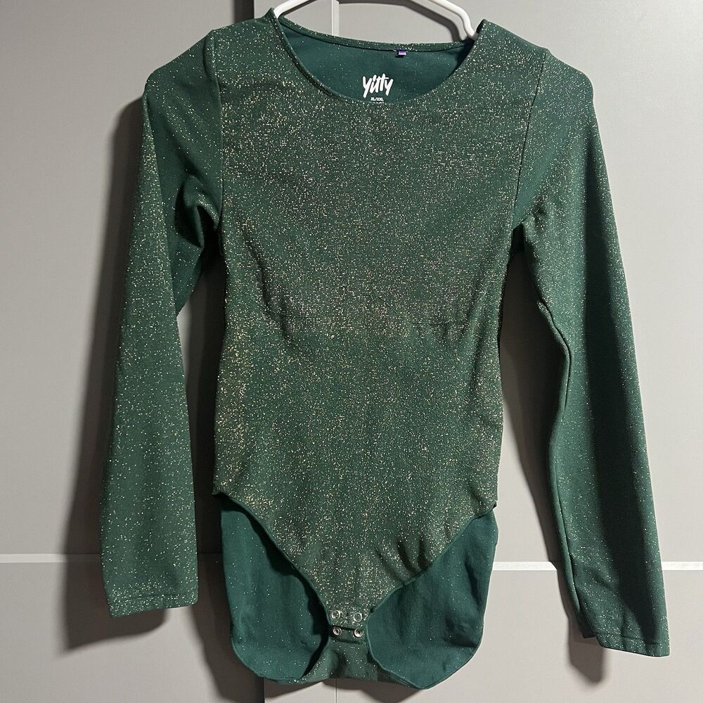 Yitty Lizzo Women Nearly Naked Long Sleeve Bodysuit Metallic Gold/Green XL/XXL